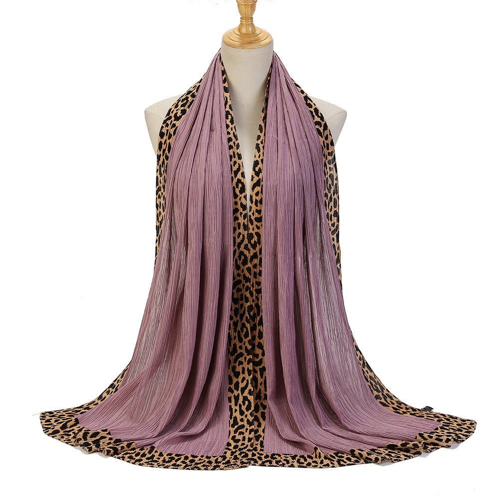 Solid Color Leopard - Print Embellished Crinkle Scarf Hijab (MH181) - Mariam's Collection