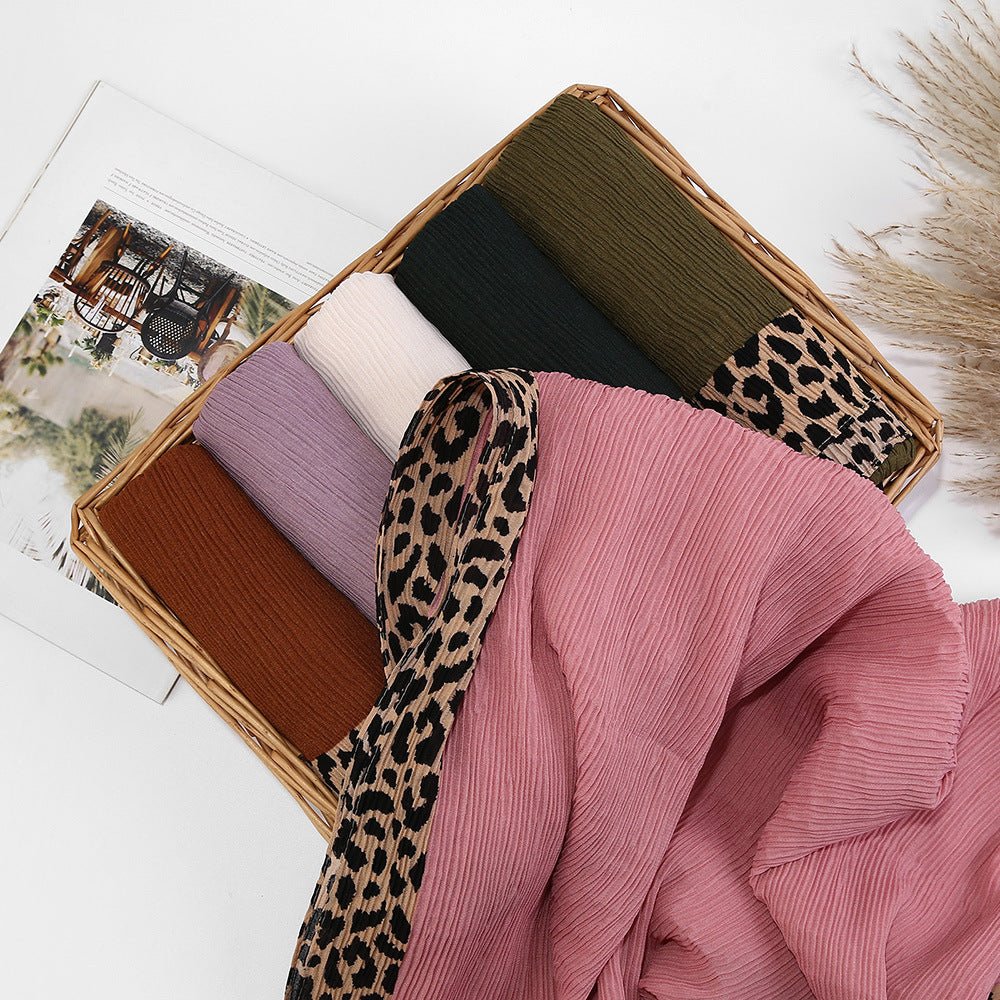 Solid Color Leopard - Print Embellished Crinkle Scarf Hijab (MH181) - Mariam's Collection