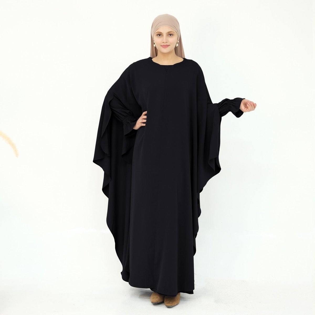 Solid Color Modest Robe Dress Two - Piece Set – Muslim Abaya with Puff Sleeves(MA275) - Mariam's Collection