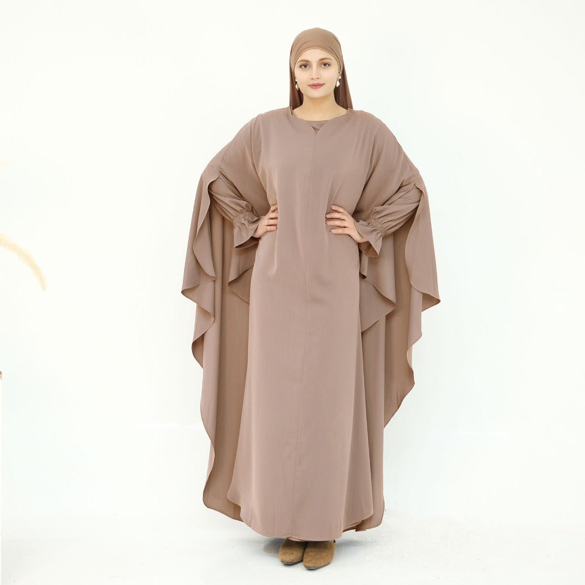 Solid Color Modest Robe Dress Two - Piece Set – Muslim Abaya with Puff Sleeves(MA275) - Mariam's Collection