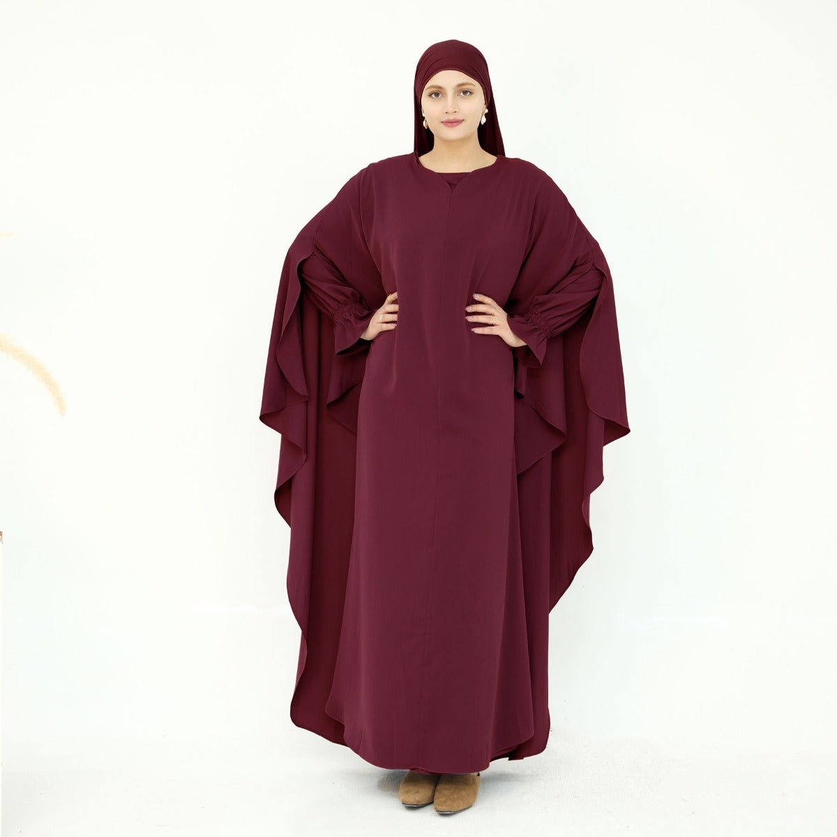 Solid Color Modest Robe Dress Two - Piece Set – Muslim Abaya with Puff Sleeves(MA275) - Mariam's Collection