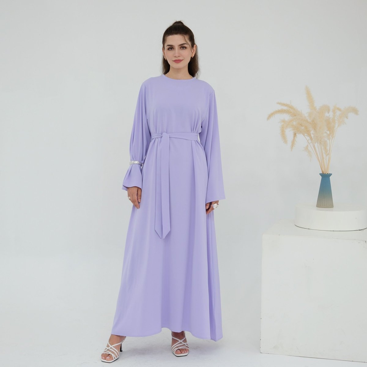 Solid Color Nida Abaya with Belt | A-Line Maxi Dress Abaya