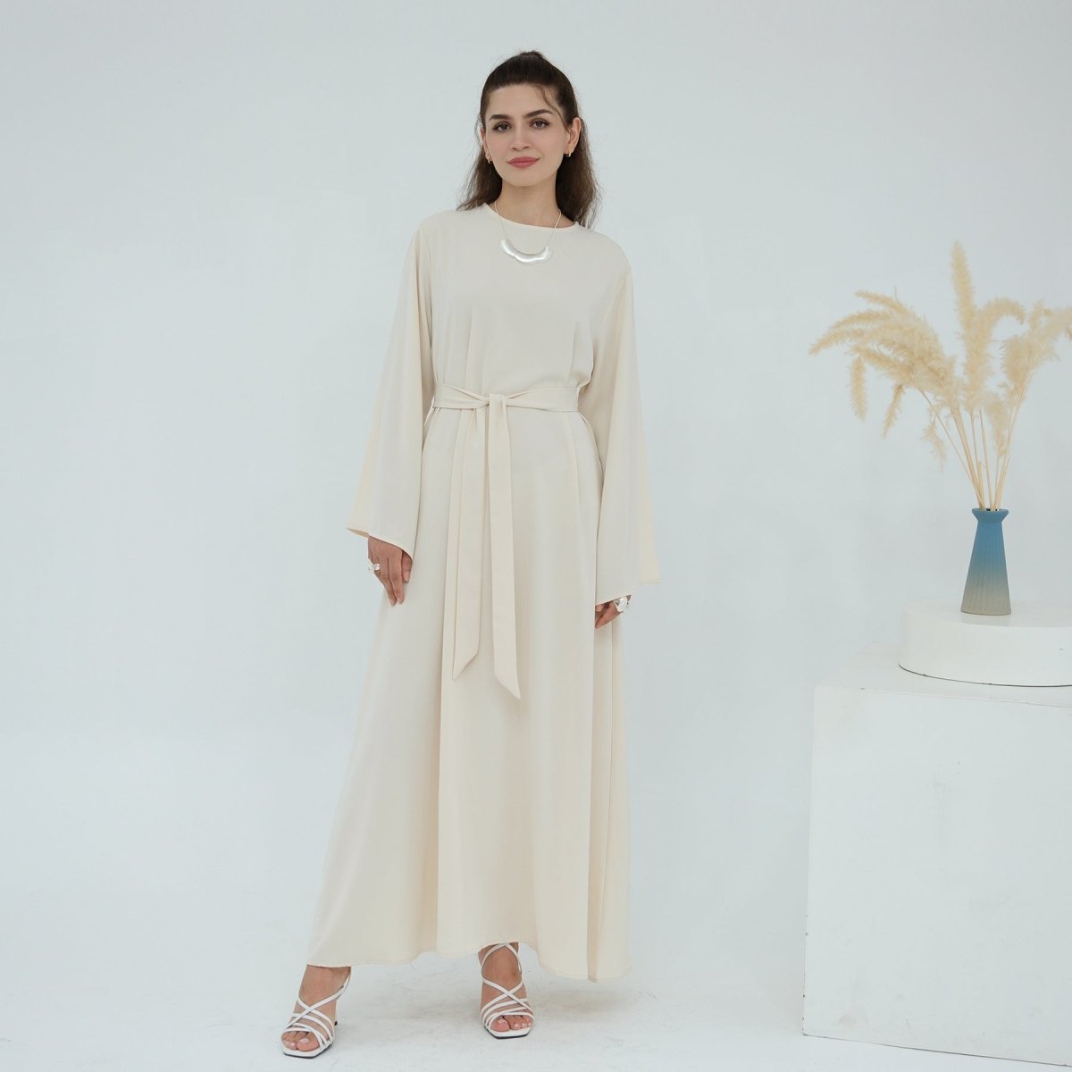 Solid Color Nida Abaya with Belt | A - Line Maxi Dress(MA359) - Mariam's Collection