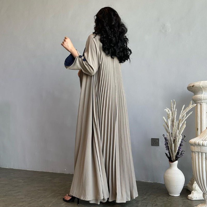 Autumn & Winter Long Dress with Open Front | Solid Color Pleated Abaya Cardigan (MOA218), apricot / M Autumn & Winter Long Dress with Open Front | Solid Color Pleated Abaya Cardigan (MOA218), apricot / M