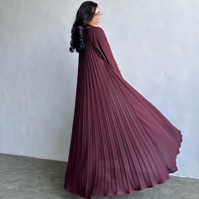 Solid Color Pleated Abaya Cardigan | Modest Long Dress with Open Front for Autumn & Winter(MOA218) - Mariam's Collection