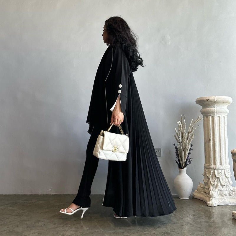 Solid Color Pleated Abaya Cardigan | Modest Long Dress with Open Front for Autumn & Winter(MOA218) - Mariam's Collection