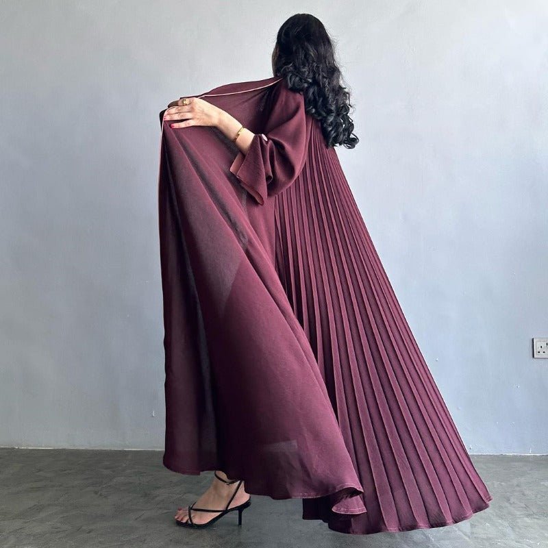 Solid Color Pleated Abaya Cardigan | Modest Long Dress with Open Front for Autumn & Winter(MOA218) - Mariam's Collection