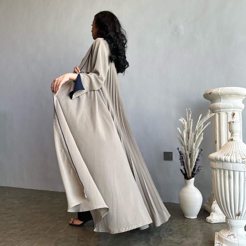 Solid Color Pleated Abaya Cardigan | Modest Long Dress with Open Front for Autumn & Winter(MOA218) - Mariam's Collection