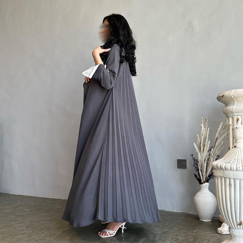 Solid Color Pleated Abaya Cardigan | Modest Long Dress with Open Front for Autumn & Winter(MOA218) - Mariam's Collection