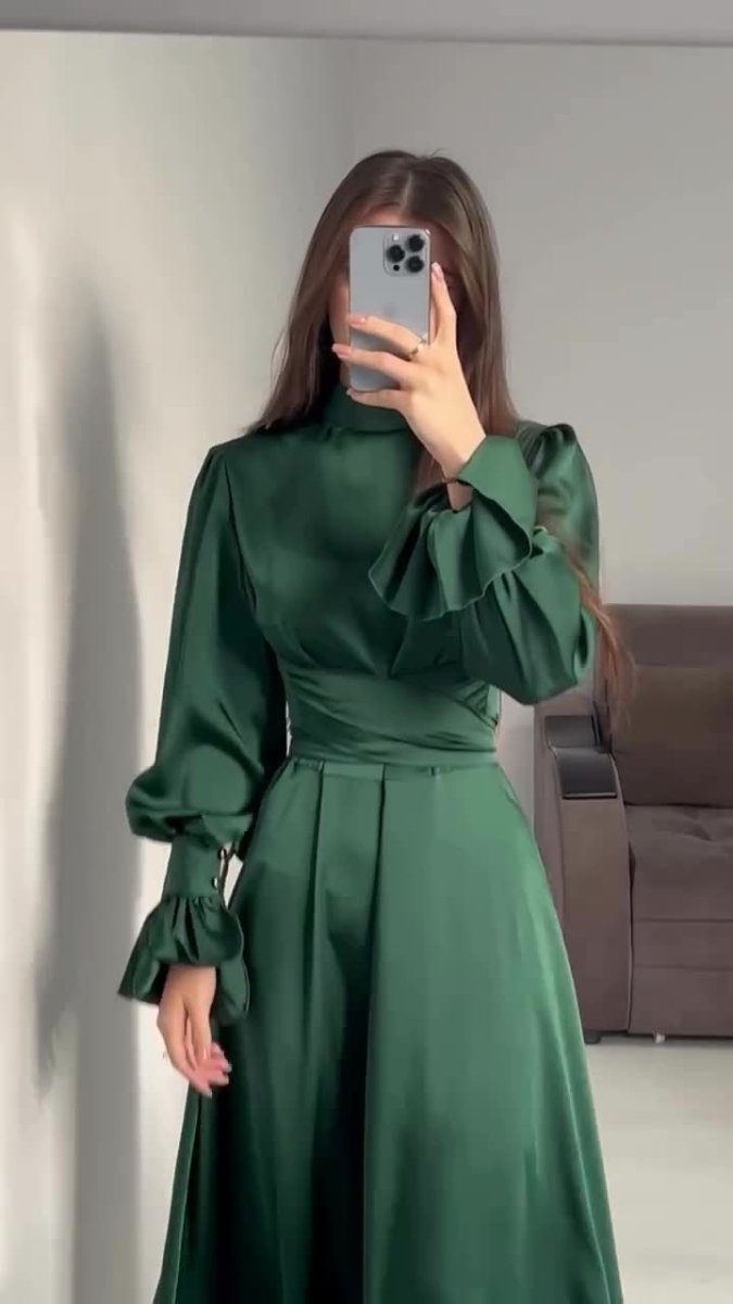 Solid Color Puff Sleeve Long Sleeve Waist - Defining Elegant Dress. (MA164) - Mariam's Collection