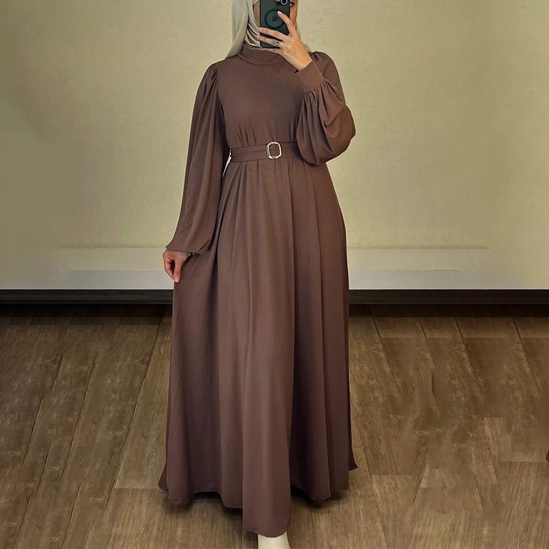 Solid Color Round Neck Belted Abaya | Puff Sleeve Button Cuff Maxi Dress with Belt(MA305) - Mariam's Collection