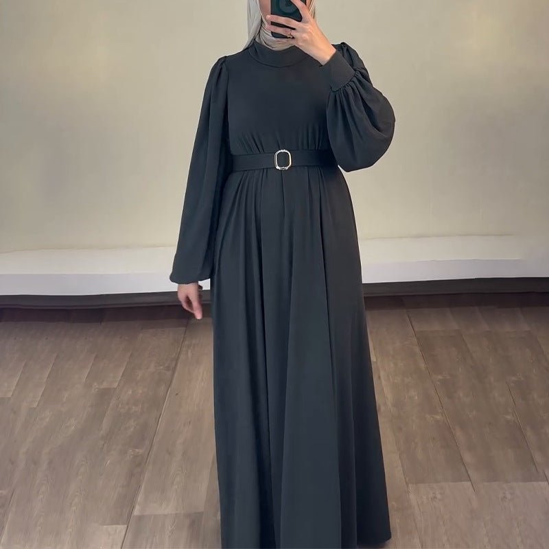 Solid Color Round Neck Belted Abaya | Puff Sleeve Button Cuff Maxi Dress with Belt(MA305) - Mariam's Collection