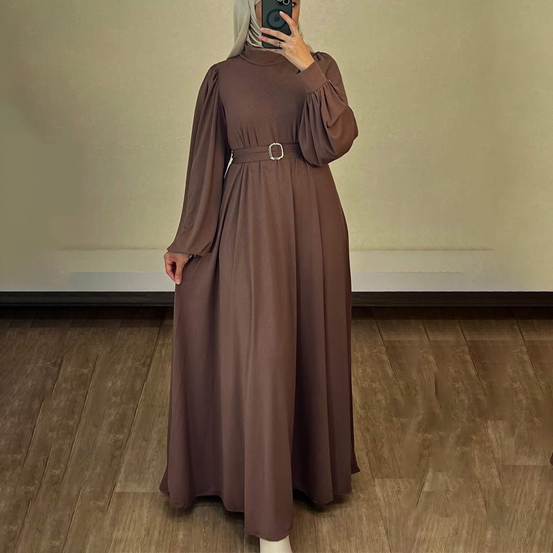 Solid Color Round Neck Belted Abaya | Puff Sleeve Button Cuff Maxi Dress with Belt(MA305) - Mariam's Collection