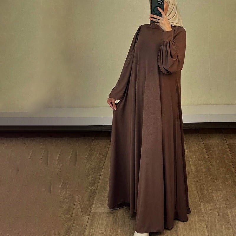 Solid Color Round Neck Belted Abaya | Puff Sleeve Button Cuff Maxi Dress with Belt(MA305) - Mariam's Collection