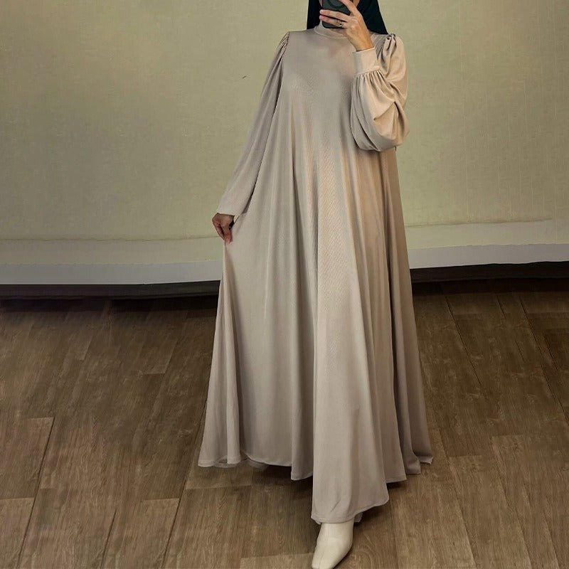 Solid Color Round Neck Belted Abaya | Puff Sleeve Button Cuff Maxi Dress with Belt(MA305) - Mariam's Collection