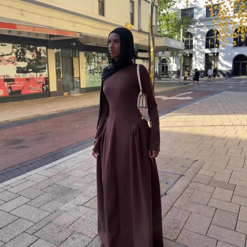 Solid Color Round Neck Maxi Dress | Pleated Waist Full Circle Skirt Long Sleeve Abaya(MA302) - Mariam's Collection