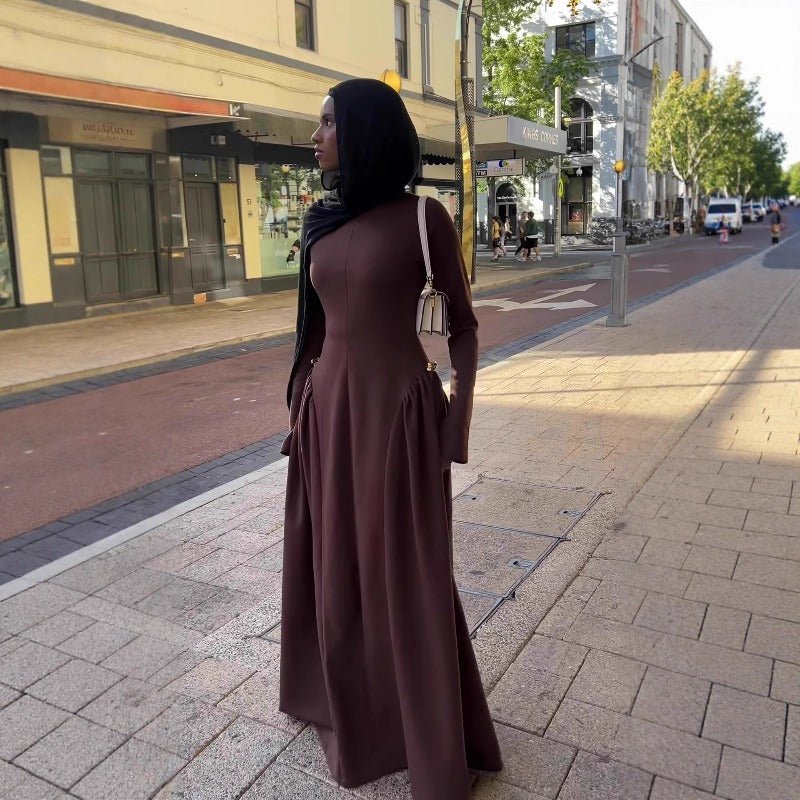Solid Color Round Neck Maxi Dress | Pleated Waist Full Circle Skirt Long Sleeve Abaya(MA302) - Mariam's Collection