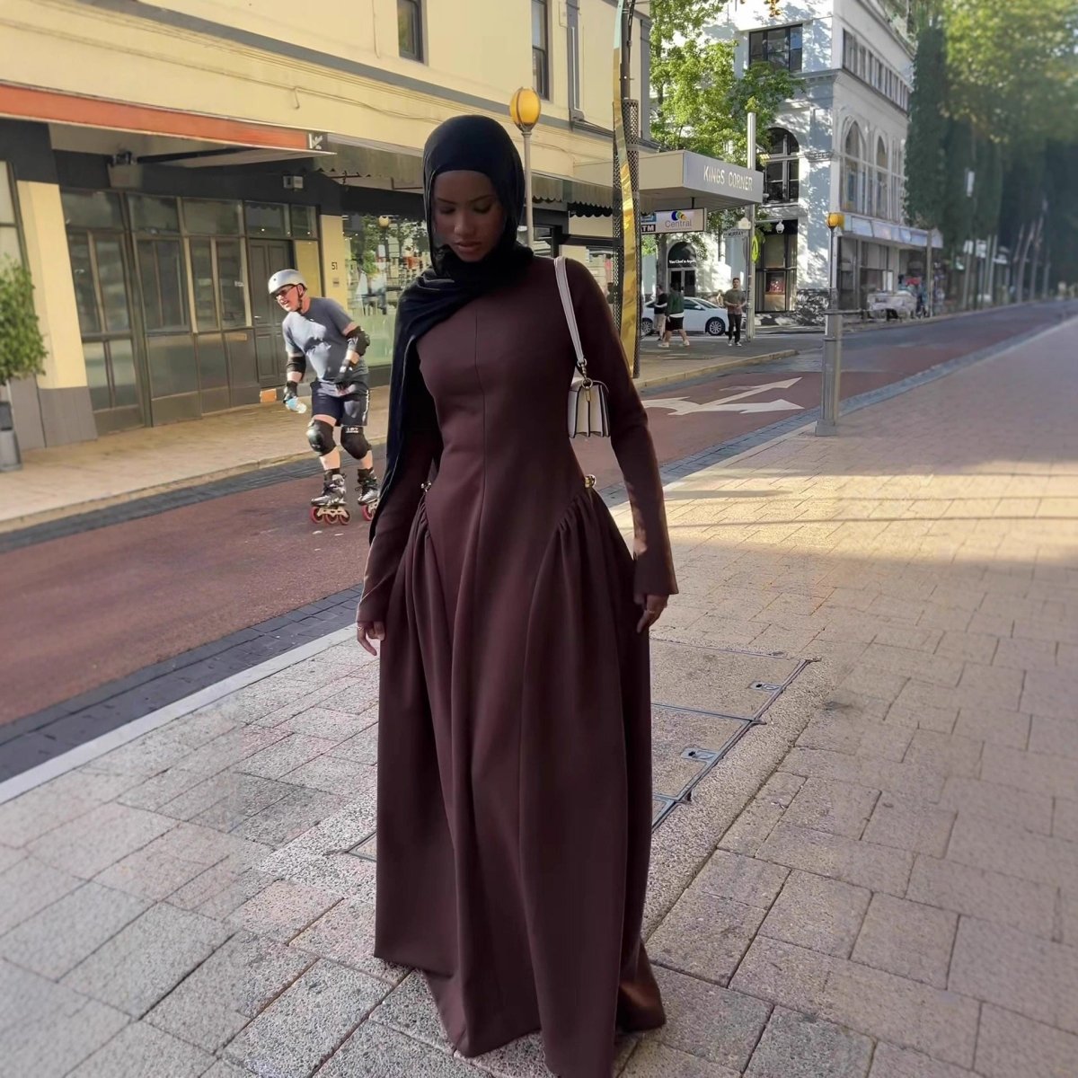 Solid Color Round Neck Maxi Dress | Pleated Waist Full Circle Skirt Long Sleeve Abaya(MA302) - Mariam's Collection