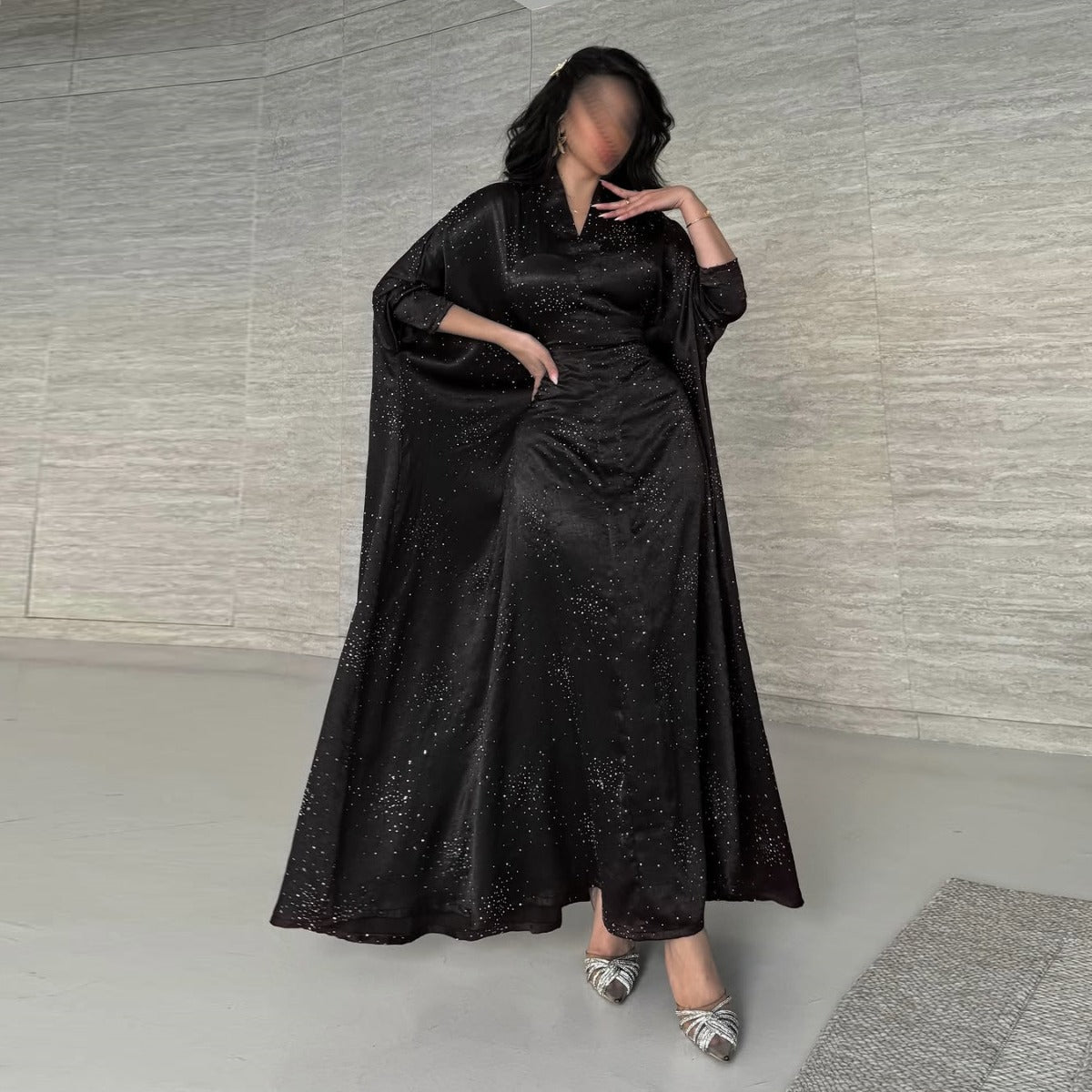 Solid Color Starry Night Diamond Embellished Abaya | Luxurious Sparkly Maxi Dress for Modest Elegance(MA287) - Mariam's Collection