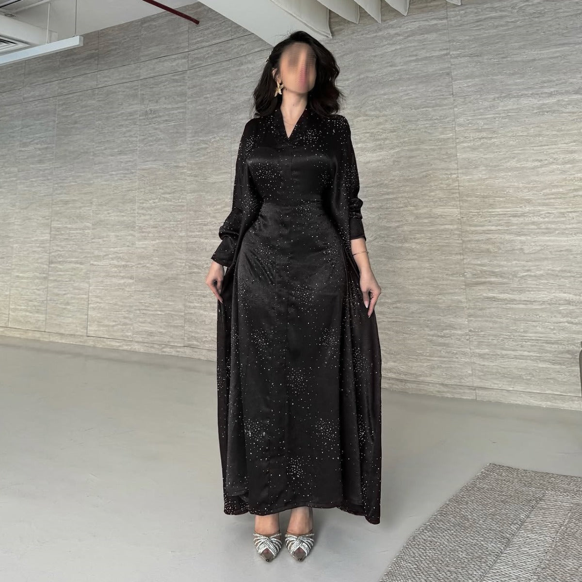 Solid Color Starry Night Diamond Embellished Abaya | Luxurious Sparkly Maxi Dress for Modest Elegance(MA287) - Mariam's Collection