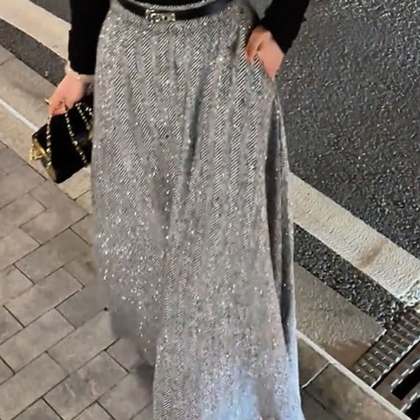 Sparkle Tweed Midi Skirt with Pockets | High - Waist A - Line Herringbone Skirt(MS203) - Mariam's Collection