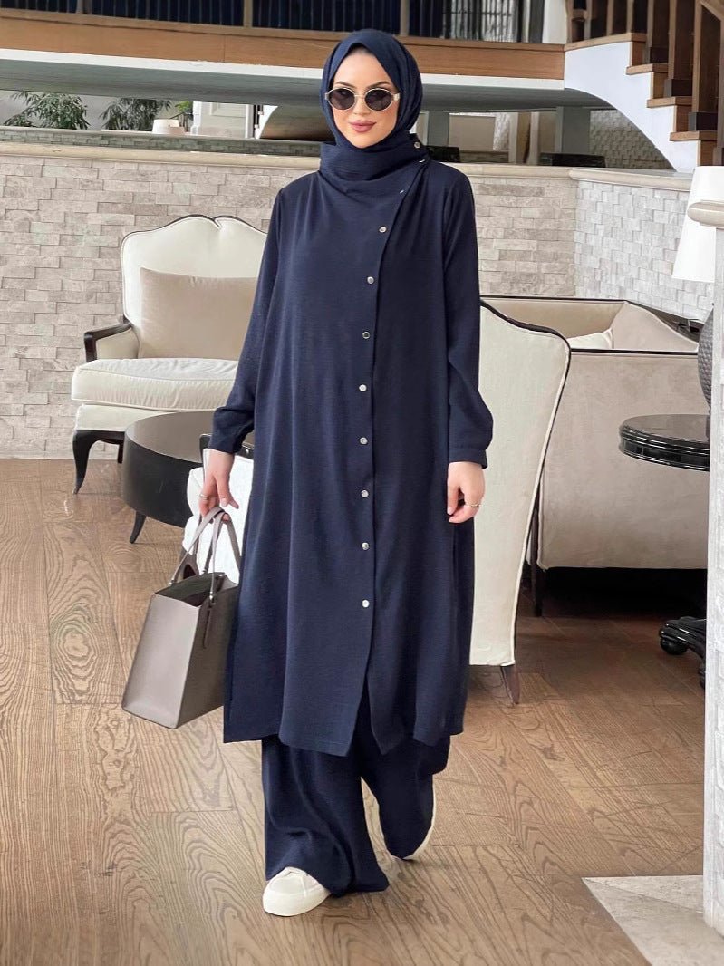 Spring and Autumn Modest Two - Piece Set - Long Sleeve Shirt & Wide - Leg Pants with Silver Buttons(MS105) - Mariam's Collection