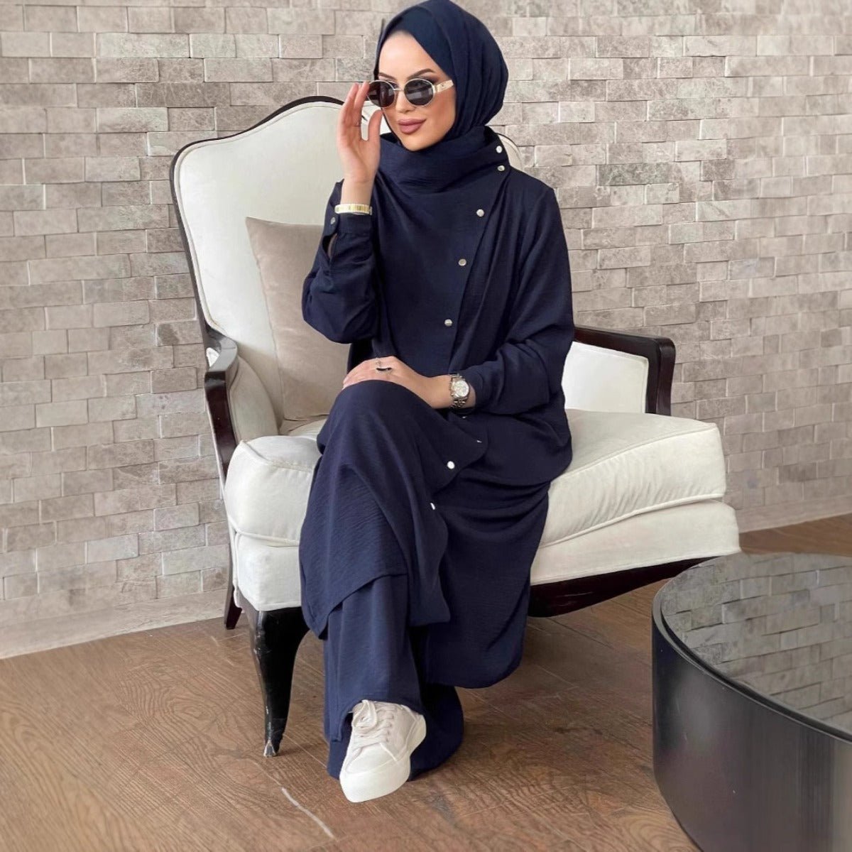 Spring and Autumn Modest Two - Piece Set - Long Sleeve Shirt & Wide - Leg Pants with Silver Buttons(MS105) - Mariam's Collection