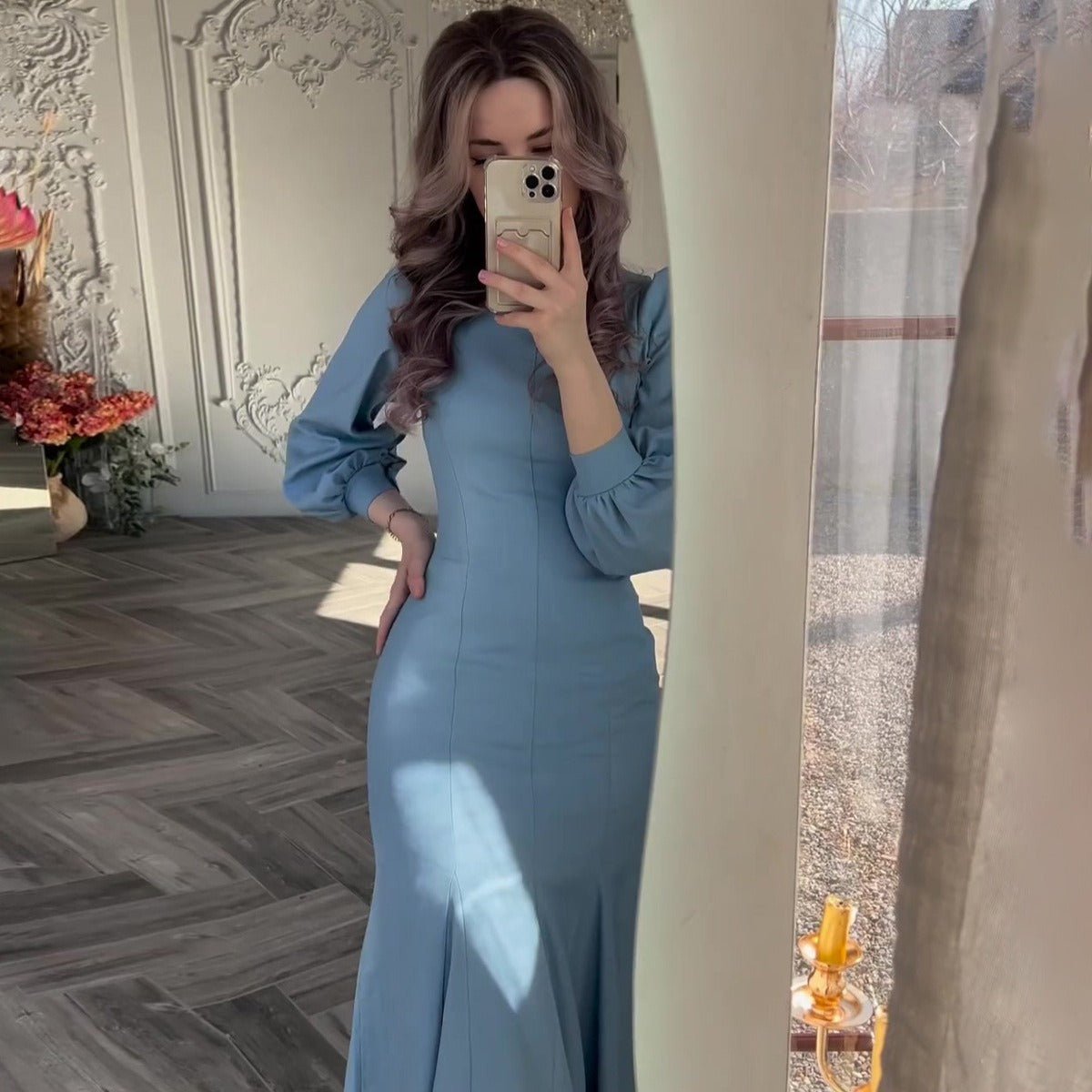 Spring Elegant Court - Style Long Sleeve Blue Chiffon Mermaid Dress Abaya. (MA222) - Mariam's Collection