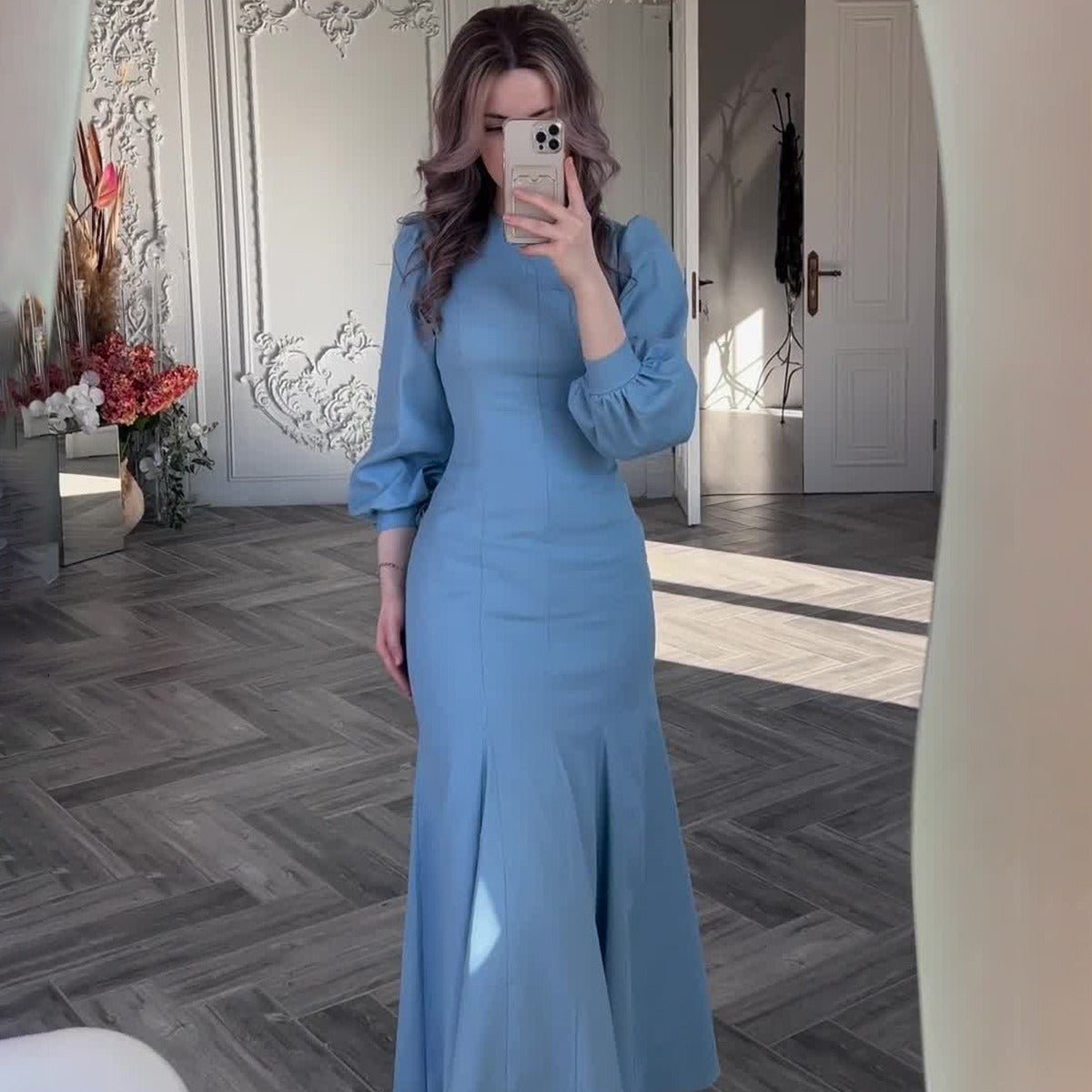 Spring Elegant Court-Style Long Sleeve Blue Chiffon Mermaid Dress Abay