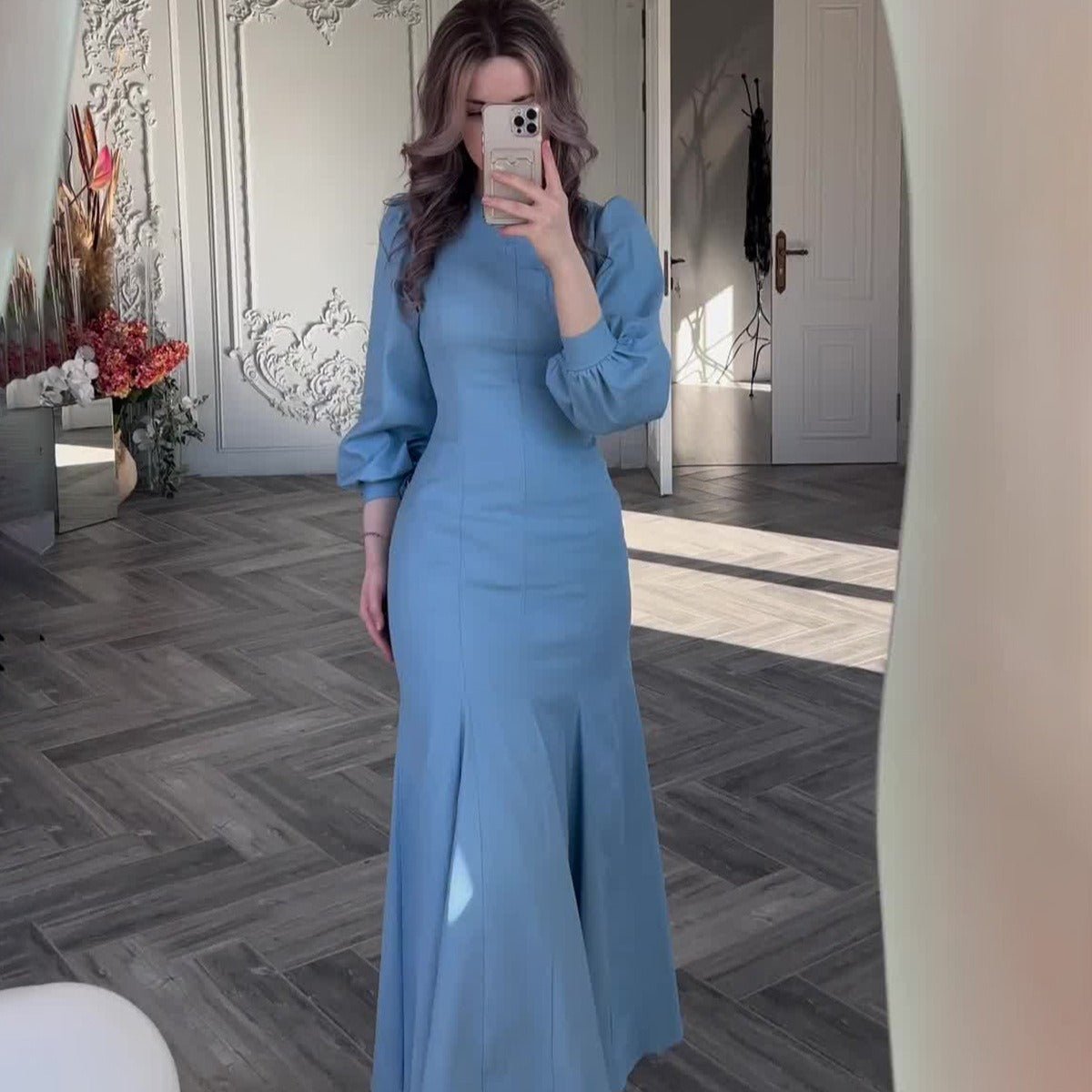 Spring Elegant Court - Style Long Sleeve Blue Chiffon Mermaid Dress Abaya. (MA222) - Mariam's Collection