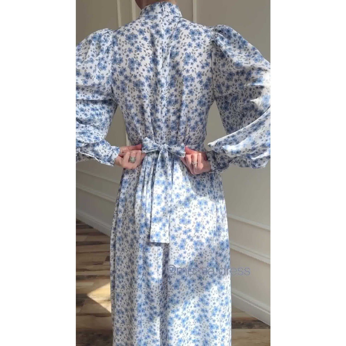 Spring Floral Satin Maxi Dress | High Neck Puff Sleeve Dress with Adjustable Waist Tie - Blue & White Botanical Print. (MA236) - Mariam's Collection