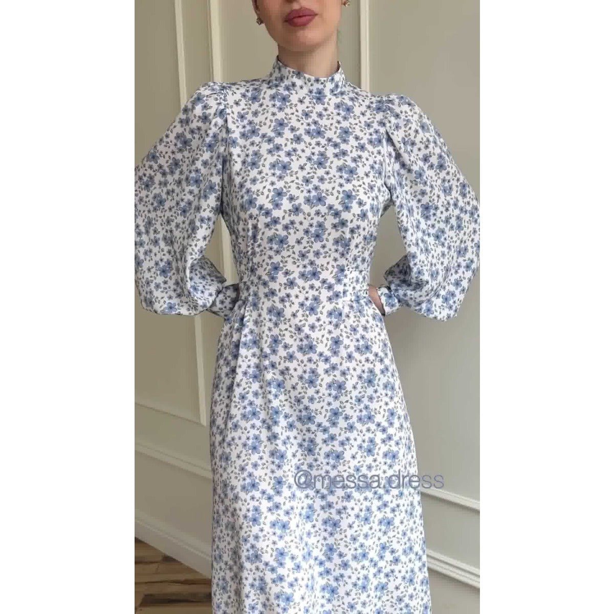 Spring Floral Satin Maxi Dress | High Neck Puff Sleeve Dress with Adjustable Waist Tie - Blue & White Botanical Print. (MA236) - Mariam's Collection