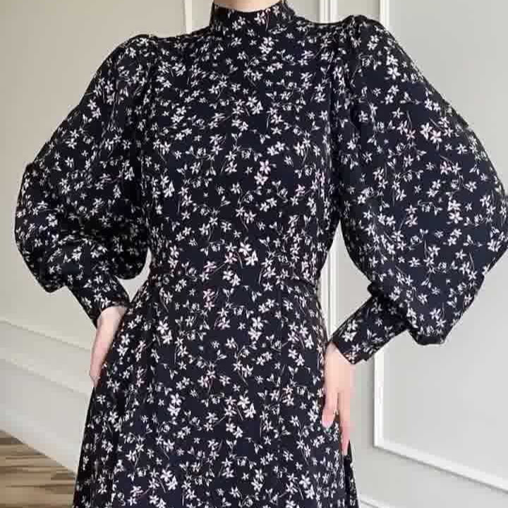 Spring Floral Satin Maxi Dress | High Neck Puff Sleeve Dress with Adjustable Waist Tie - Blue & White Botanical Print (MA236) - Mariam's Collection