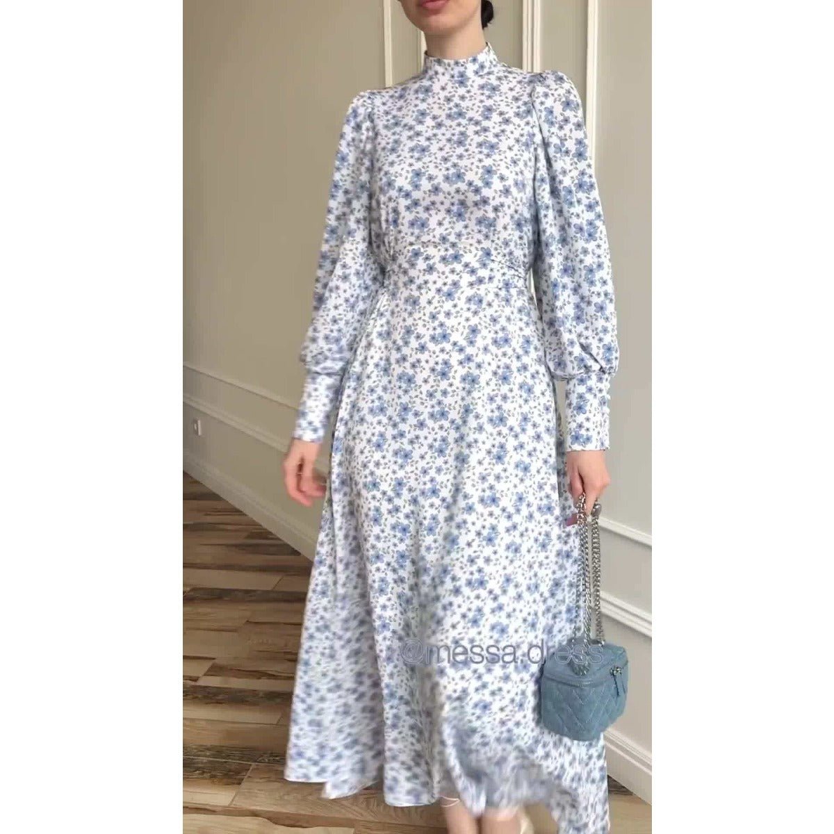 Spring Floral Satin Maxi Dress | High Neck Puff Sleeve Dress with Adjustable Waist Tie - Blue & White Botanical Print. (MA236) - Mariam's Collection