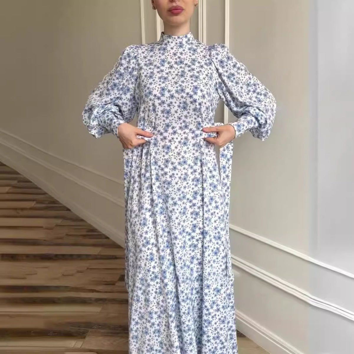 Spring Floral Satin Maxi Dress | High Neck Puff Sleeve Dress with Adjustable Waist Tie - Blue & White Botanical Print. (MA236) - Mariam's Collection