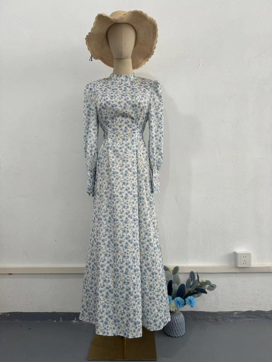 Spring Floral Satin Maxi Dress | High Neck Puff Sleeve Dress with Adjustable Waist Tie - Blue & White Botanical Print. (MA236) - Mariam's Collection