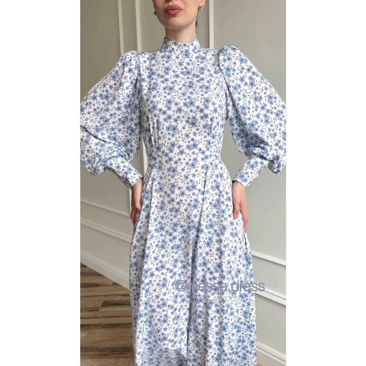 Spring Floral Satin Maxi Dress | High Neck Puff Sleeve Dress with Adjustable Waist Tie - Blue & White Botanical Print. (MA236) - Mariam's Collection