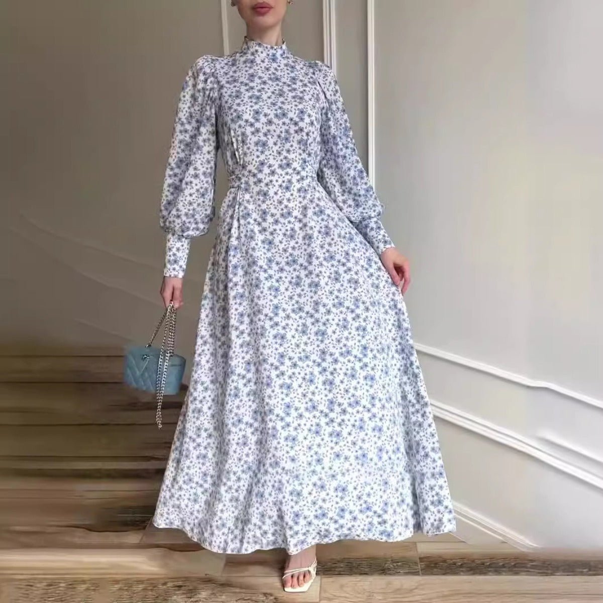 Spring Floral Satin Maxi Dress | High Neck Puff Sleeve Dress with Adjustable Waist Tie - Blue & White Botanical Print. (MA236) - Mariam's Collection