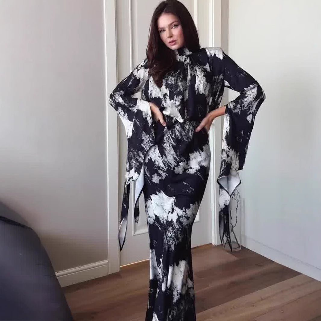 Spring Slim-Fit Lace-Up Satin Print Irregular Design Long Dress (MA162), Black-White / S Spring Slim-Fit Lace-Up Satin Print Irregular Design Long Dress (MA162), Black-White / S