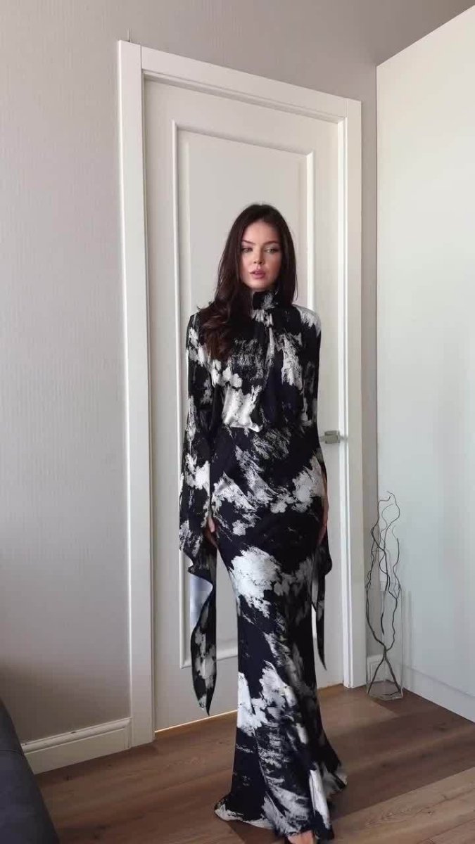 Spring Slim - Fit Lace - Up Satin Print Irregular Design Long Dress. (MA162) - Mariam's Collection