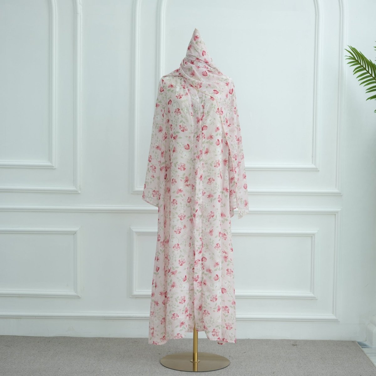 Spring Summer Floral Print Chiffon Cardigan | Double - Layer Modest Cover - Up Abaya. (MOA170) - Mariam's Collection