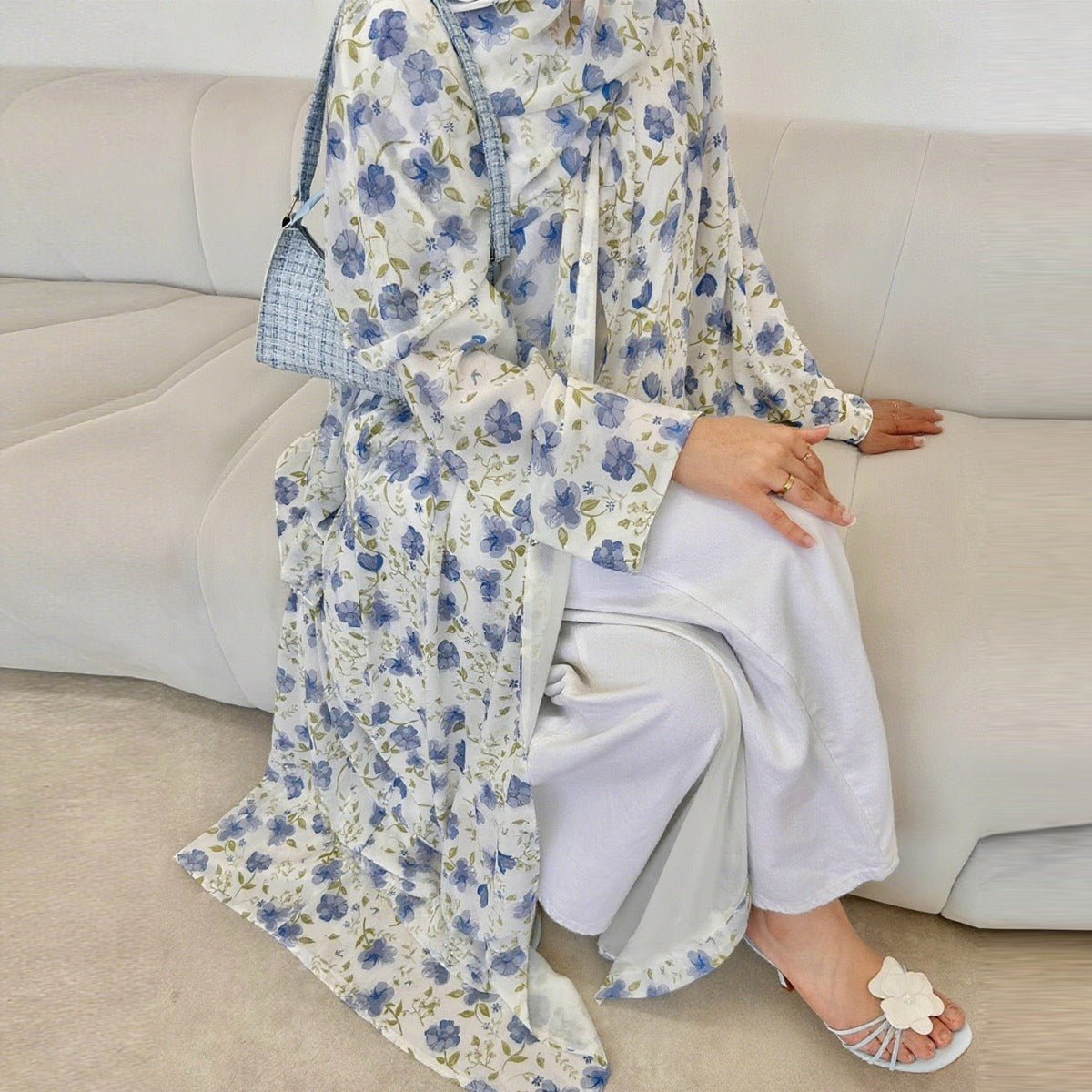 Spring Summer Floral Print Chiffon Cardigan | Double - Layer Modest Cover - Up Abaya. (MOA170) - Mariam's Collection