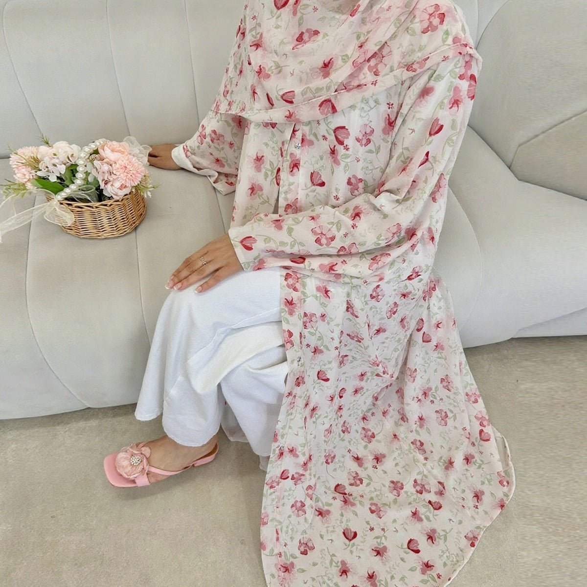 Spring Summer Floral Print Chiffon Cardigan | Double - Layer Modest Cover - Up Abaya. (MOA170) - Mariam's Collection