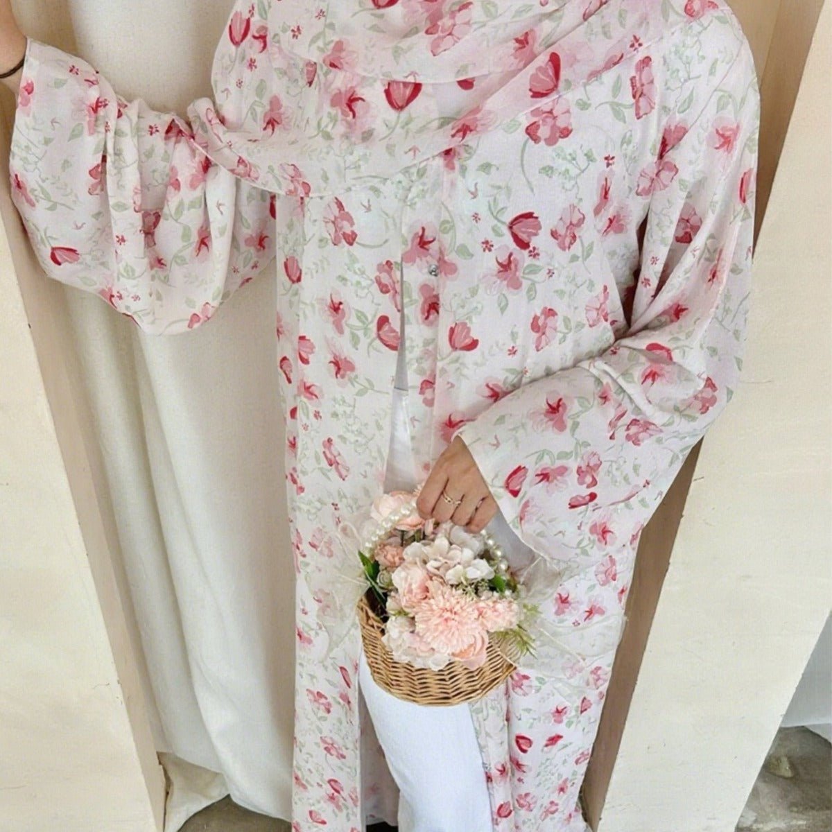 Spring Summer Floral Print Chiffon Cardigan | Double - Layer Modest Cover - Up Abaya. (MOA170) - Mariam's Collection