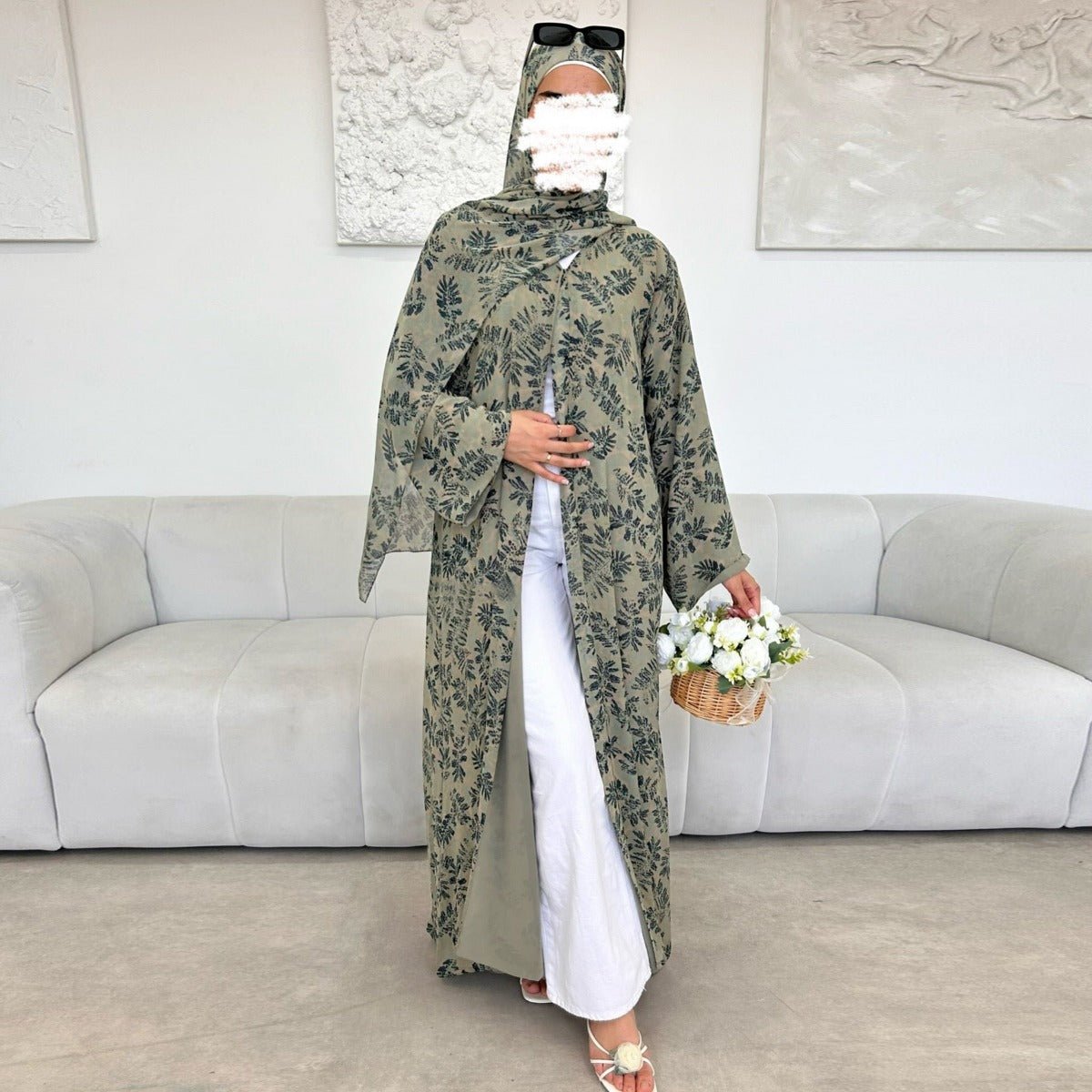 Spring Summer Floral Print Chiffon Cardigan | Double - Layer Modest Cover - Up Abaya. (MOA170) - Mariam's Collection