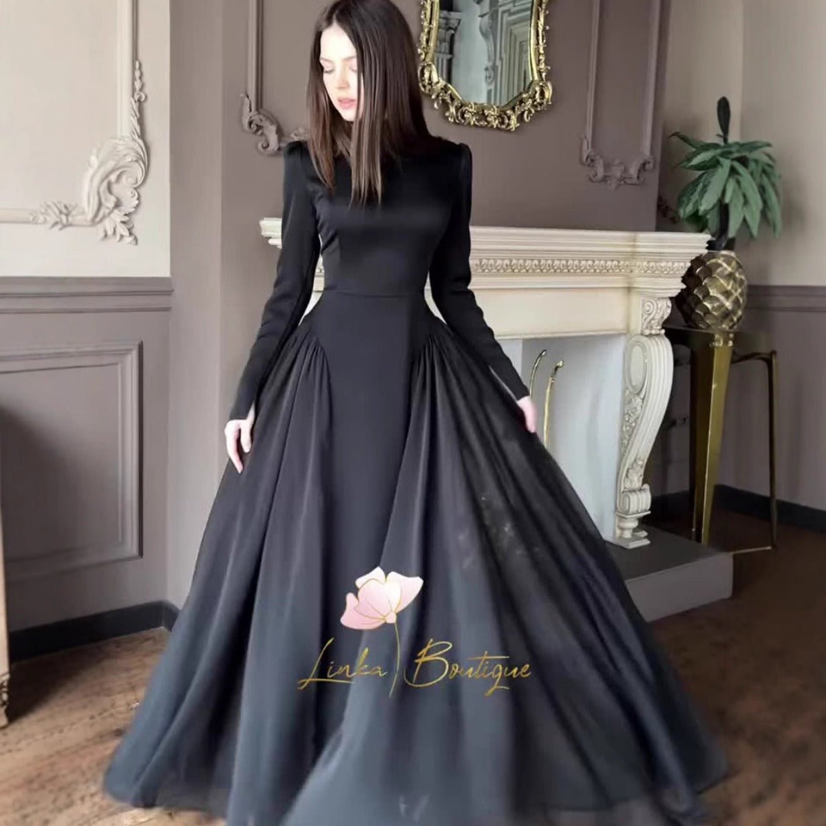 Spring Temperament Black Maxi Dress and Elegant High Neck Long Sleeve Dress with Floral Accent (MA220), Black / XXL