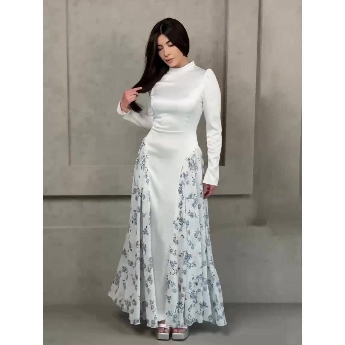 Spring Temperament Black Maxi Dress And Elegant High Neck Long Sleeve Dress with Floral Accent. (MA220) - Mariam's Collection