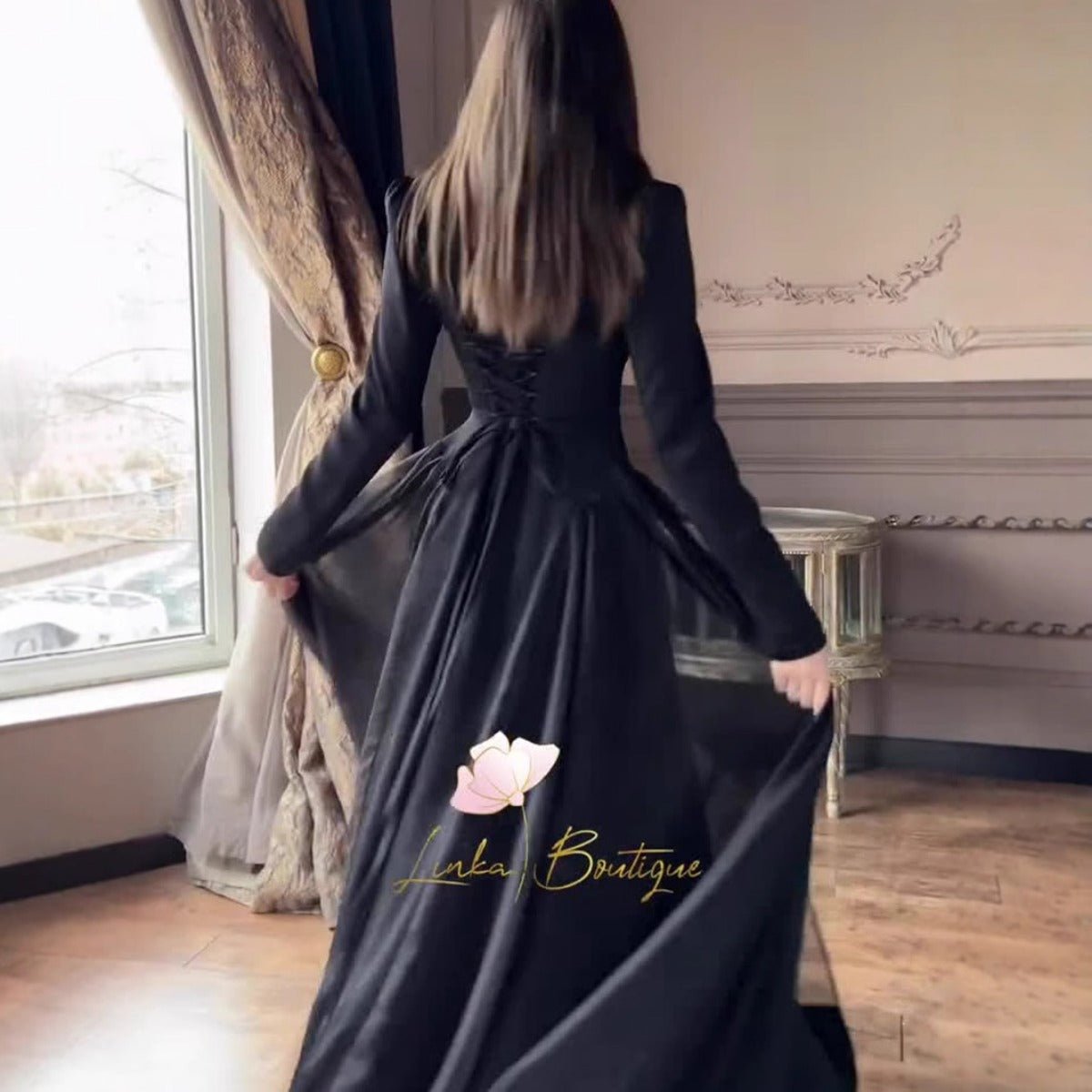 Spring Temperament Black Maxi Dress And Elegant High Neck Long Sleeve Dress with Floral Accent. (MA220) - Mariam's Collection