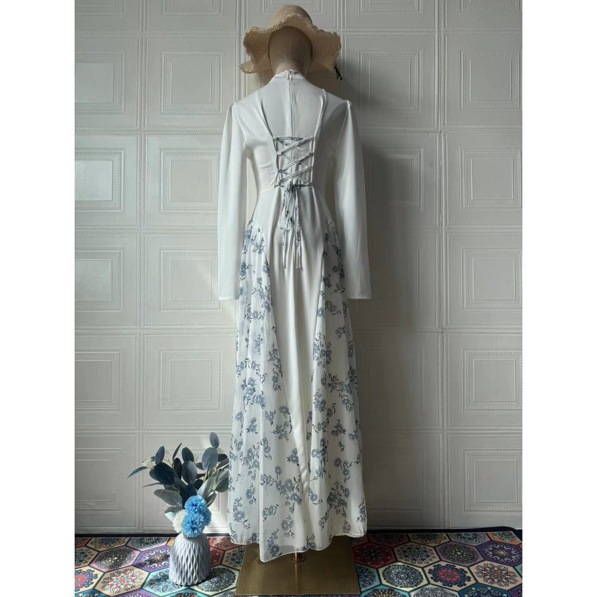 Spring Temperament Black Maxi Dress And Elegant High Neck Long Sleeve Dress with Floral Accent. (MA220) - Mariam's Collection