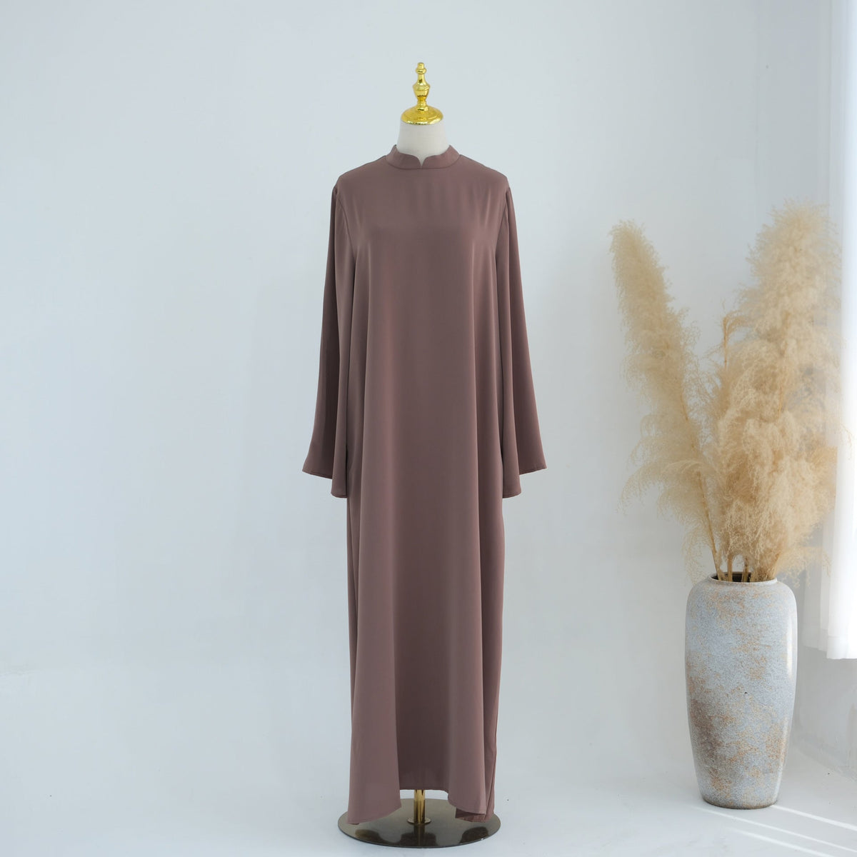 Stand-Collar Nida Maxi Dress | Long-Sleeve Belted Modest Dress(MA475) - Mariam's Collection
